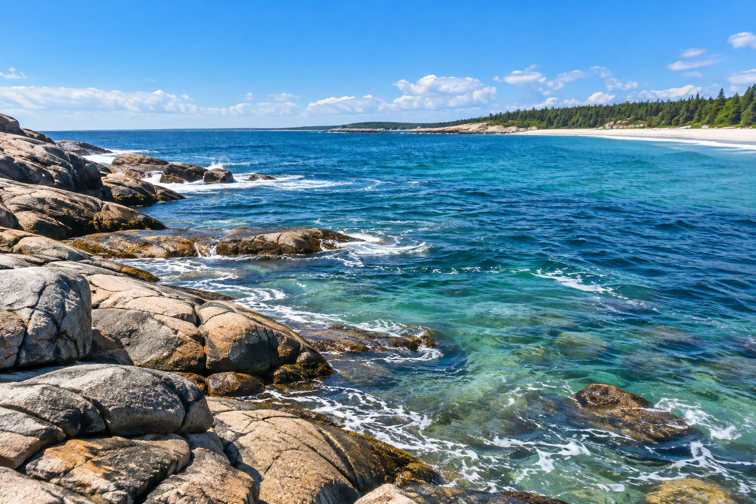 Sunny rocky coastline overlooking ocean blue water and a distant beach — illustrative coastal scenery