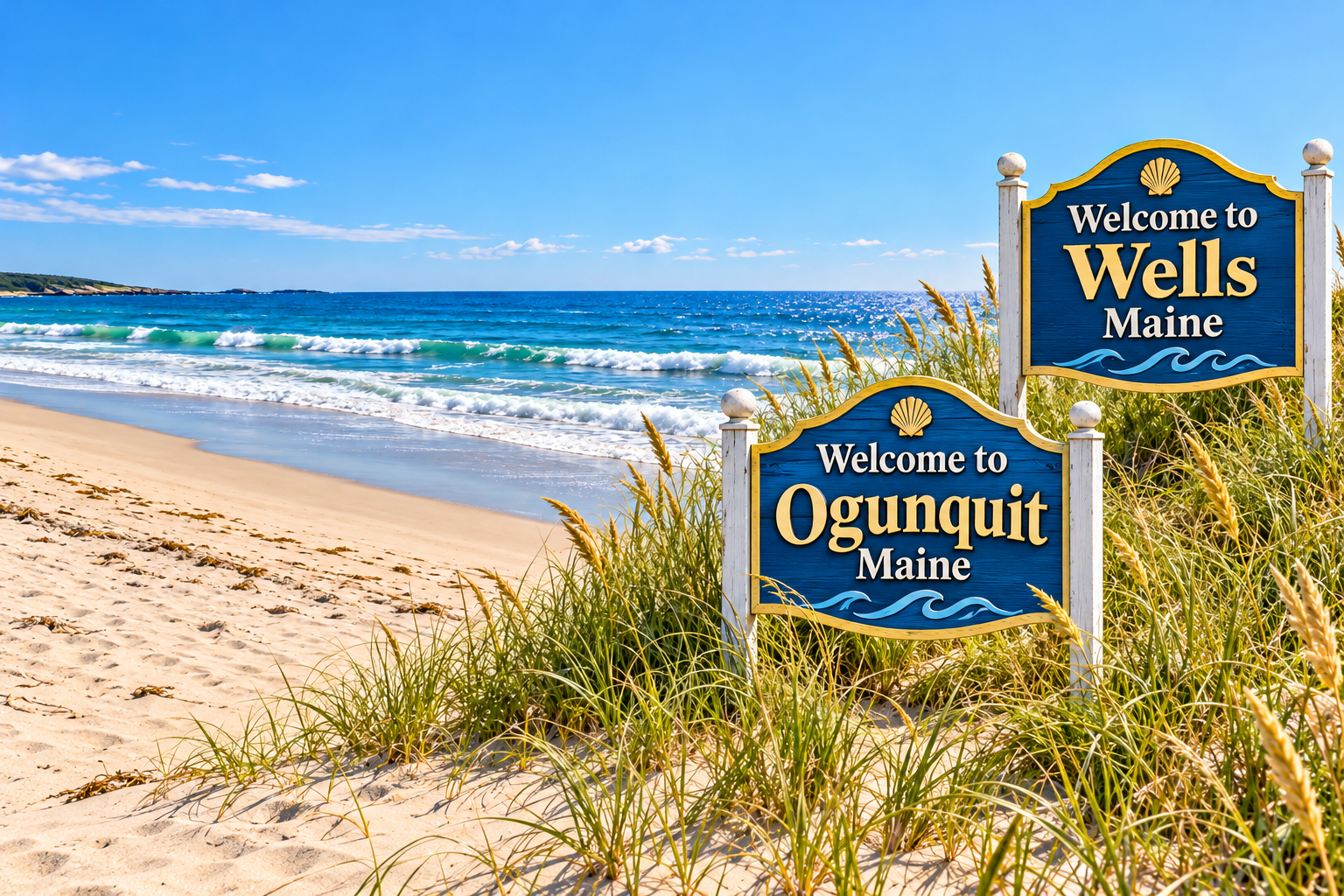 Sunny ocean scene with decorative signs reading Welcome to Wells, Maine and Welcome to Ogunquit, Maine